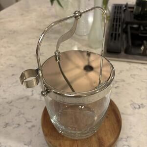 Vintage 60s Ice Bucket, Wheat Etched Glass & Chrome Hinged Lid 70s Bar ware